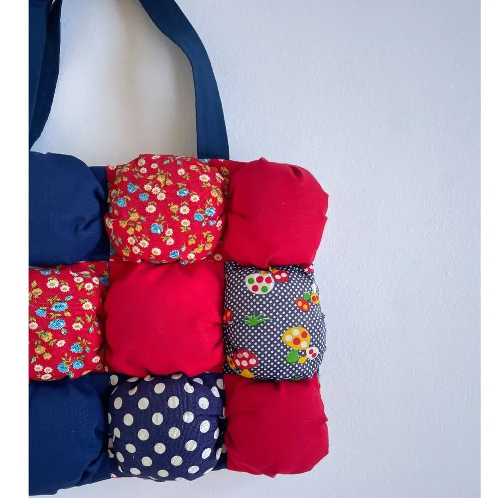 Vtg 70s Patchwork Cottagecore Bubble Bag Purse / Mushroom Polkadot Floral Unique